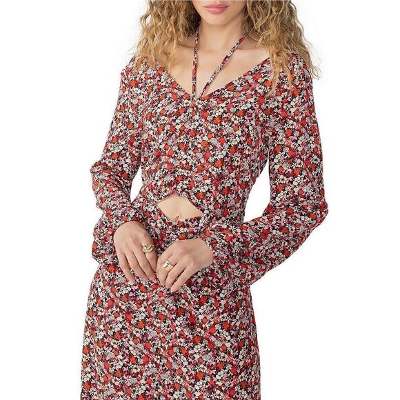 New Floral Print Chiffon Halter Neck Long Sleeve Front Cut-Out Midi Dress - Picture 2 of 5